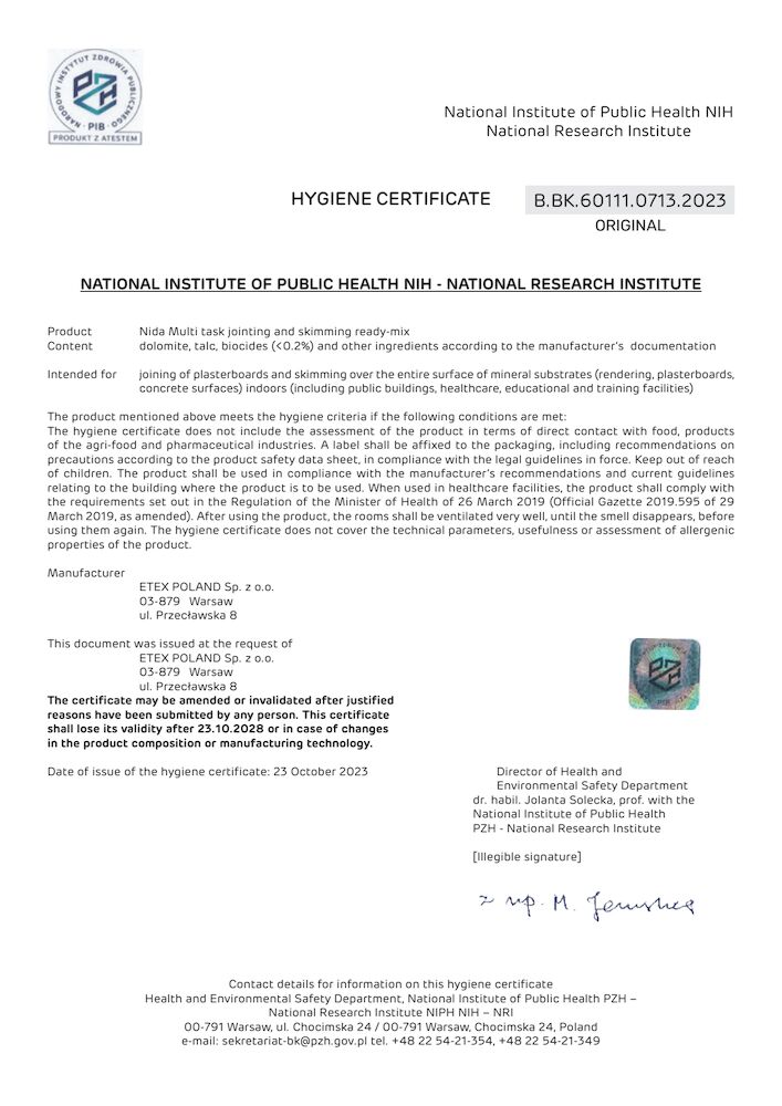 Nida MULTI Task - Hygiene Certificate EN