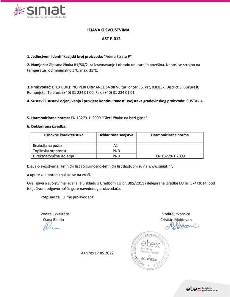 Adera Strato P Izjava o svojstvima Siniat